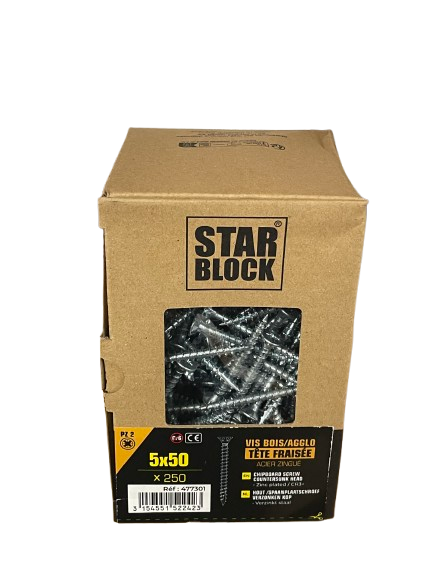 Vis Bois tête fraisée 5x50 Acier zingué blanc Boite de 250