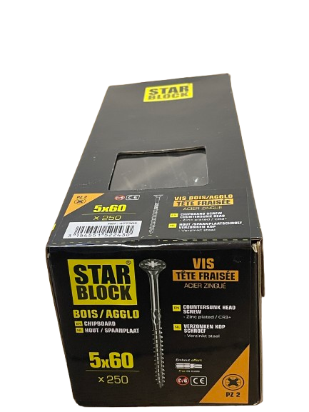 Vis Bois tête fraisée 5x60 Acier zingué blanc Boite de 250