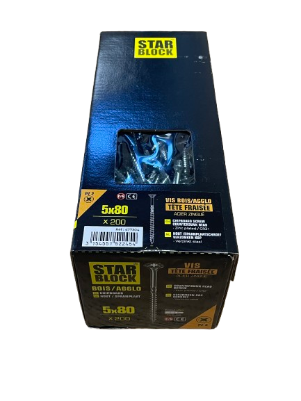 Vis Bois tête fraisée 5x80 Acier zingué blanc Boite de 200