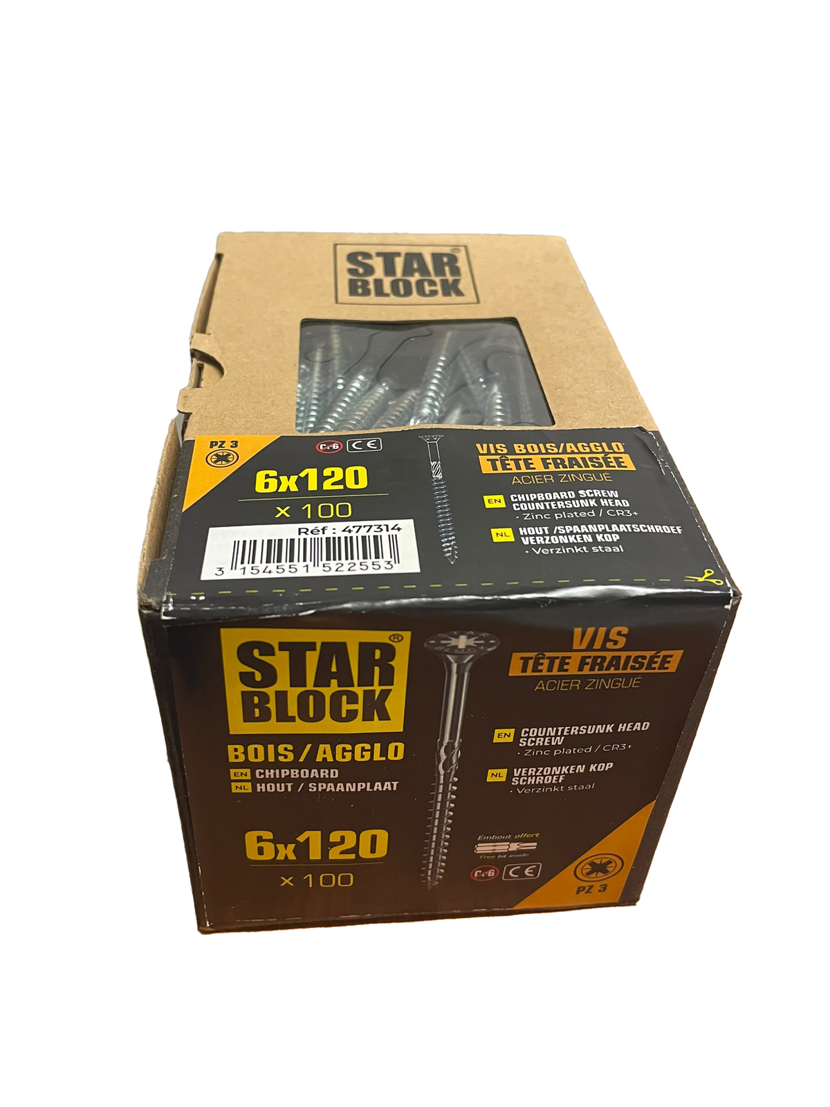 Vis Bois tête fraisée 6x120 Acier zingué blanc Boite de 100